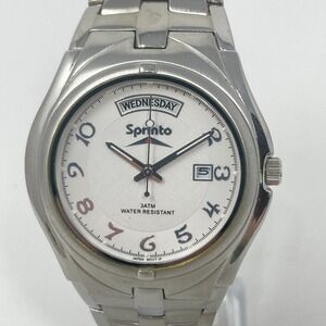 Sprinto Watch Men 39mm Silver Tone Day Date Textured Dial 30M New Battery 8.25"